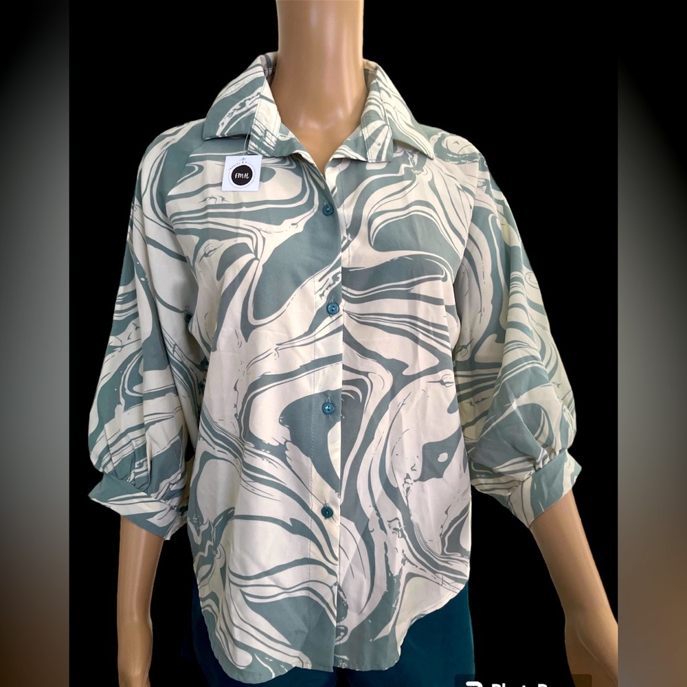 👚 Allover Print 3/4 Sleeve Trim Button Front Shirt